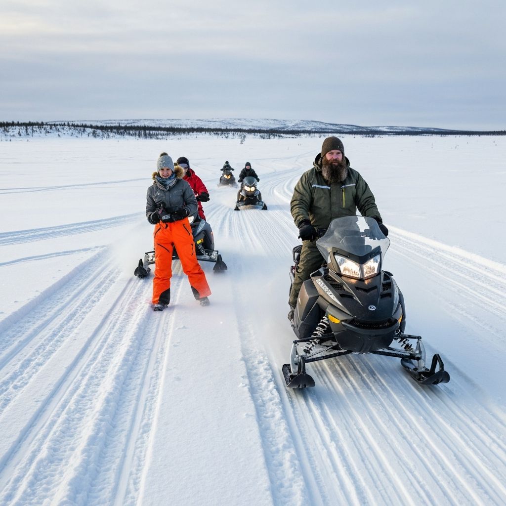 Snowmobiling across frozen Arctic landscape in Finland