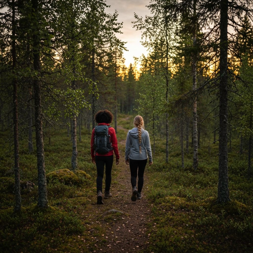 Hikers on trail with midnight sun in Finnish wilderness